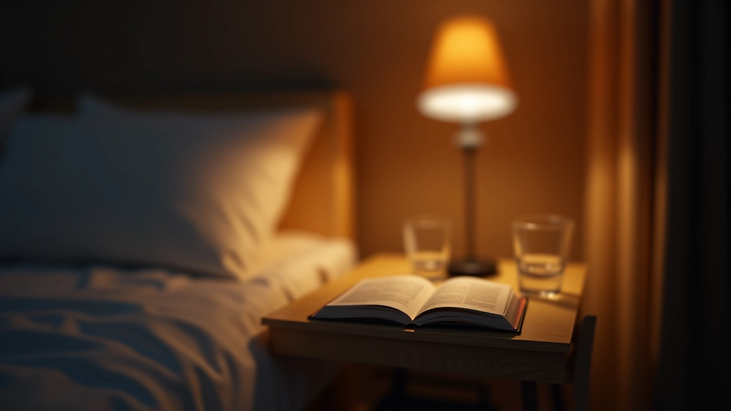 Comodino con libro cartaceo, lampada da lettura, nessun telefono o dispositivo, camera da letto tranquilla e ordinata