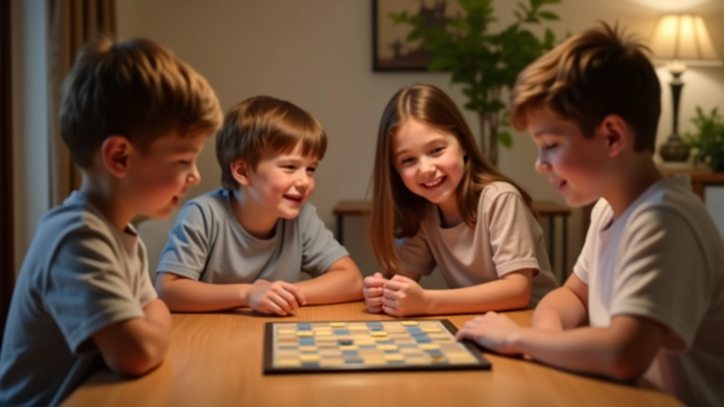 Bambini che giocano a giochi da tavolo, conversazione, risate, tavolo luminoso senza dispositivi, momento familiare autentico