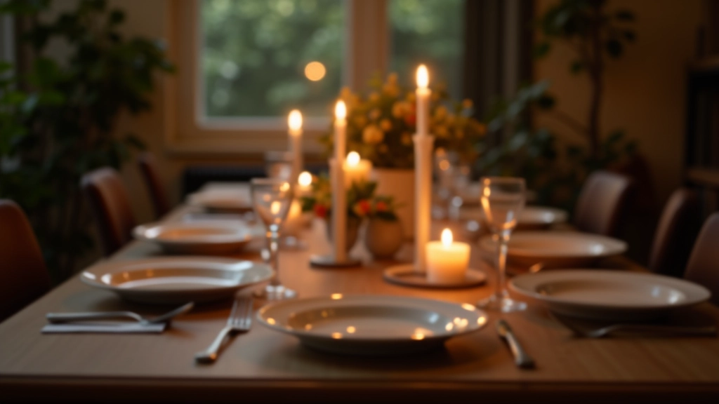 Tavolo da cena con piatti preparati, bicchieri d'acqua e una candela accesa, nessun dispositivo visibile, luce calda serale