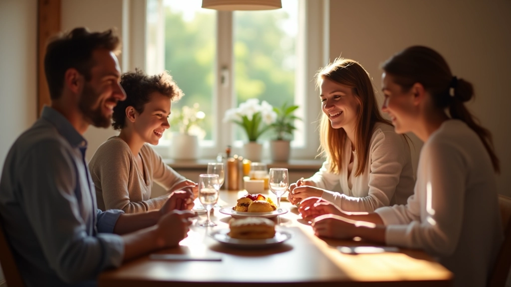 Famiglia che cena insieme senza dispositivi, conversazione animata, luce naturale dalla finestra, tavolo in legno caldo