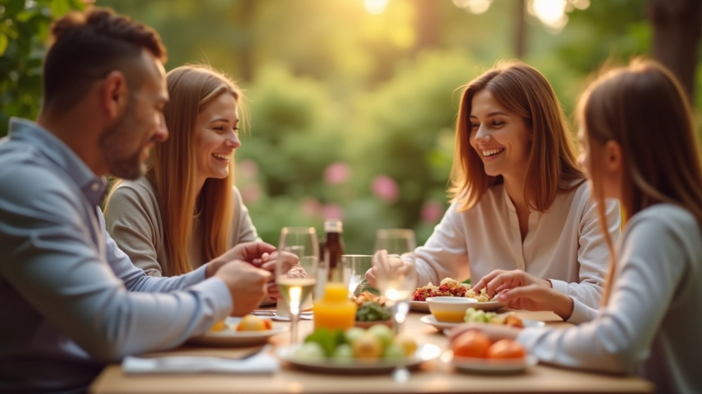Famiglia italiana seduta attorno a un tavolo da pranzo, condividendo un pasto senza dispositivi, momento di connessione vera, luce naturale calda