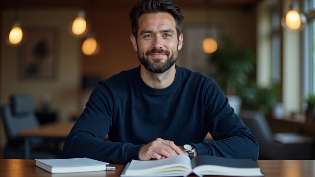 Marco Benedetti nel suo studio di consulenza, circondato da libri e materiali su psicologia e benessere digitale, atmosfera professionale e accogliente