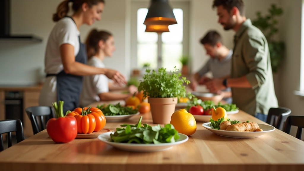 Cucina moderna con tavolo di legno, piatti colorati, verdure fresche, persone che cucinano insieme, nessun telefono visibile, luce naturale