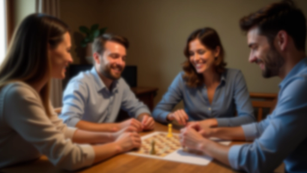 Persone che giocano a un gioco da tavolo attorno a un tavolo, sorrisi veri, concentrazione, ambiente luminoso