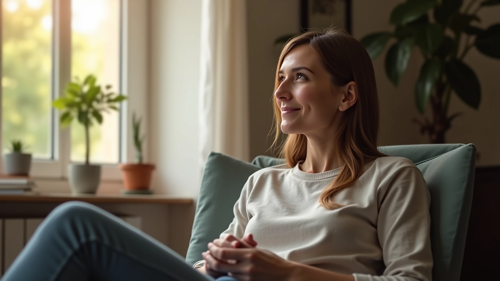 Persona che riposa consapevolmente senza dispositivi, seduta in poltrona accanto a una finestra con luce naturale calda, espressione serena