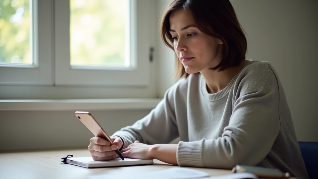 Persona che scrive le annotazioni in un quaderno accanto a uno smartphone, su una scrivania ordinata con tazza di caffè