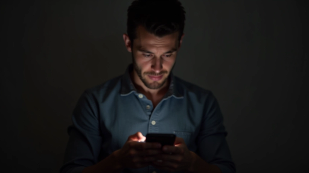 Persona che guarda uno schermo smartphone con espressione stanca, luce blu dai dispositivi, ambiente scuro