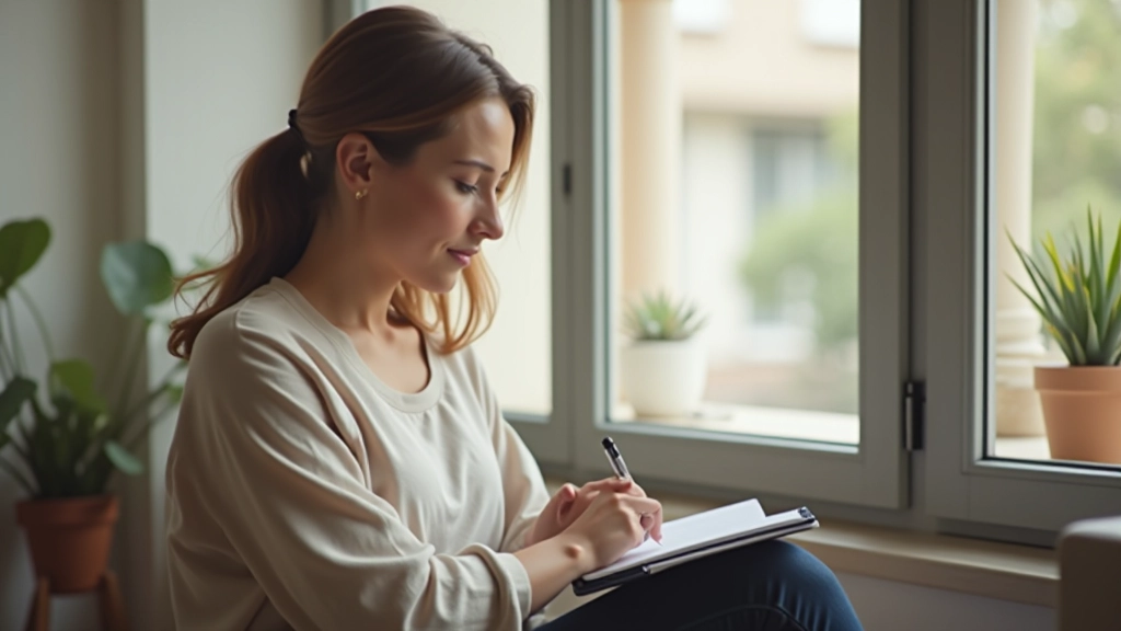 Persona che riflette tranquillamente accanto a una finestra, con carta e penna, luce naturale del pomeriggio che illumina il volto