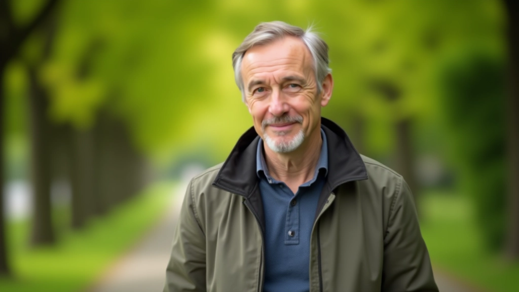 Persona che cammina in un parco o strada alberata, luce diurna naturale, espressione serena, ambiente verde