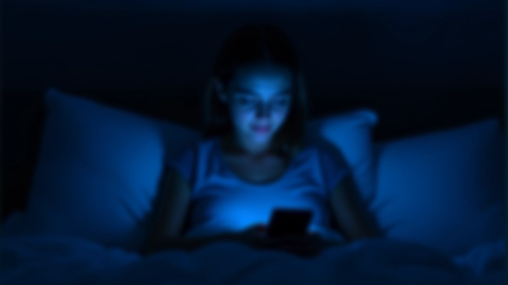 Persona che guarda il telefono a letto di notte, luce blu dello schermo che illumina il viso in una camera buia
