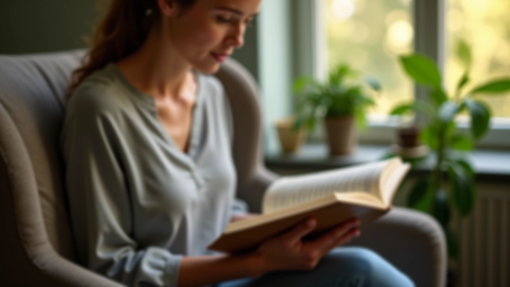 Persona che legge un libro in una poltrona confortevole accanto a una pianta verde, luce naturale morbida, espressione di concentrazione serena