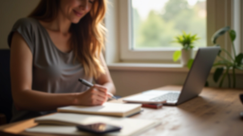 Persona che consulta un diario cartaceo con una matita in mano, seduta a un tavolo accanto a una finestra luminosa