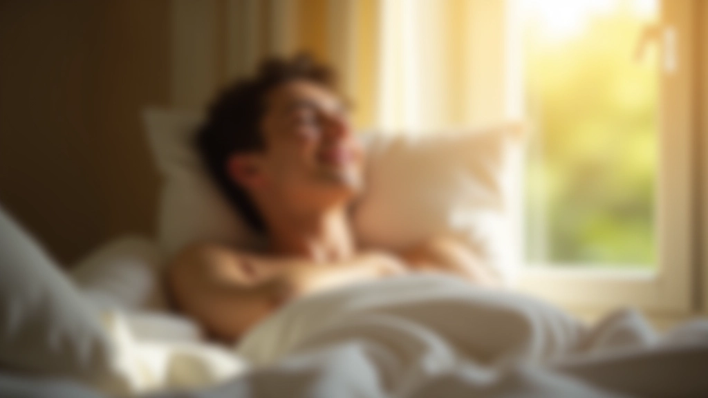 Persona che si sveglia riposata, raggi di sole che entrano dalla finestra, espressione serena e rilassata