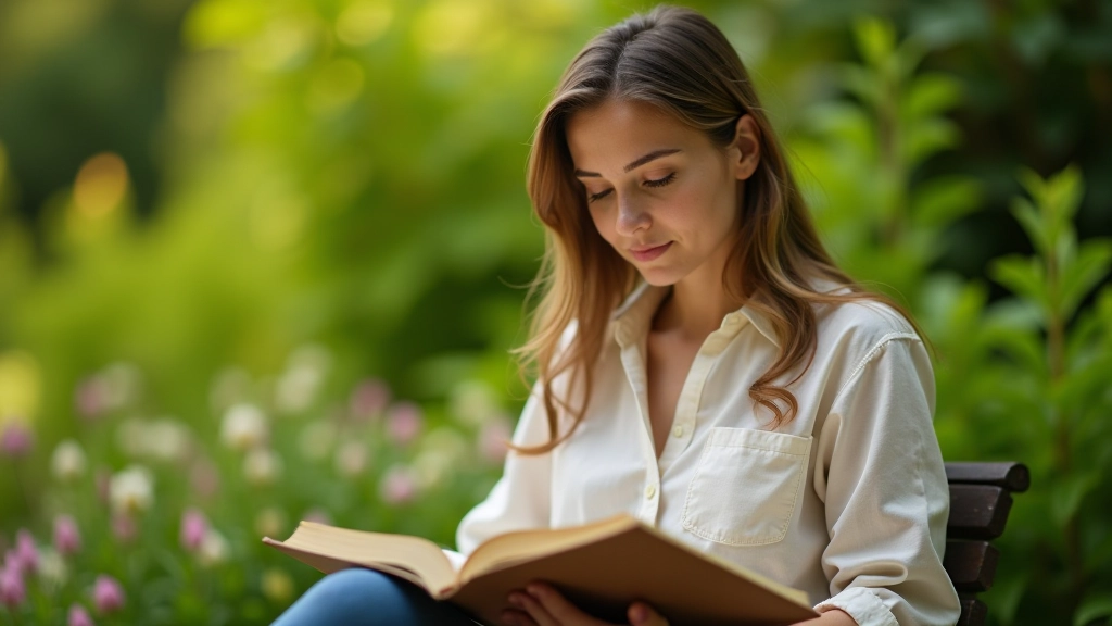 Donna che legge un libro in giardino